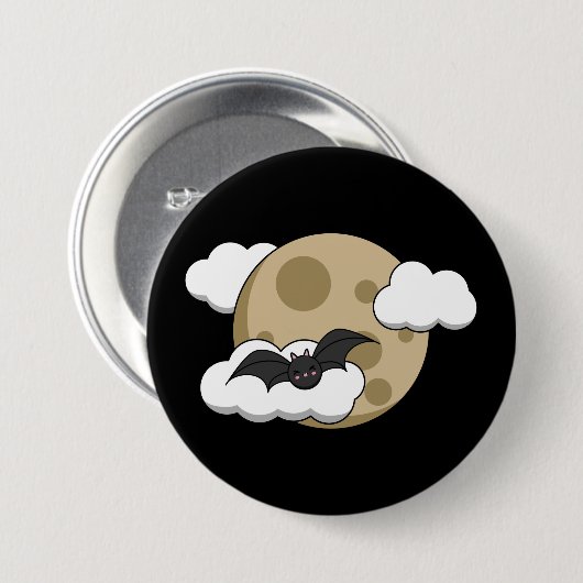 Kawaii Happy Bat Flying on Full Moon Button (Vorne & Hinten)