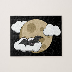 Kawaii Happy Bat Flying on Full Moon Puzzle