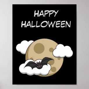 Kawaii Happy Bat Flying on Full Moon Text hinzuf Poster