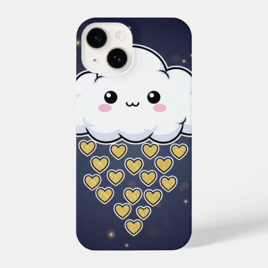 Kawaii Happy Cloud Gold Hearts Blue iPhone Hülle (Rückseite)