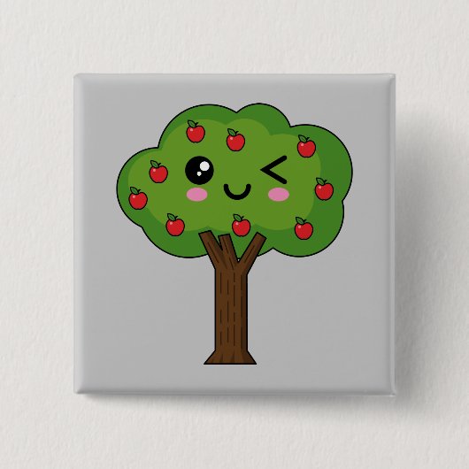 Kawaii Happy Winking Apple Tree Button (Vorderseite)