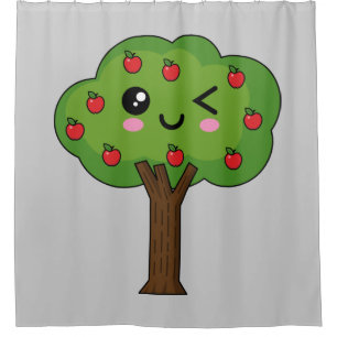 Kawaii Happy Winking Apple Tree Duschvorhang