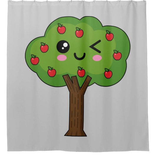 Kawaii Happy Winking Apple Tree Duschvorhang (Vorderseite)