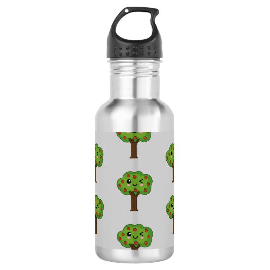 Kawaii Happy Winking Apple Tree Edelstahlflasche (Vorderseite)