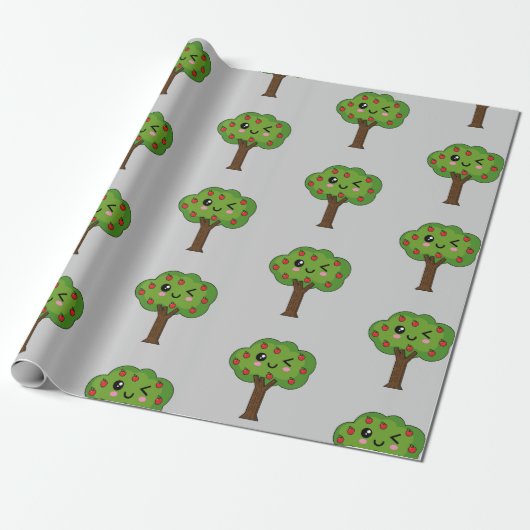 Kawaii Happy Winking Apple Tree Geschenkpapier (Ungerollt)
