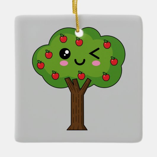 Kawaii Happy Winking Apple Tree Keramikornament (Vorderseite)