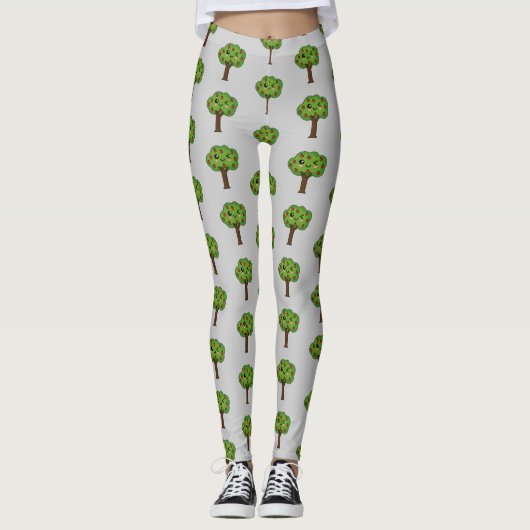 Kawaii Happy Winking Apple Tree Leggings (Vorderseite)