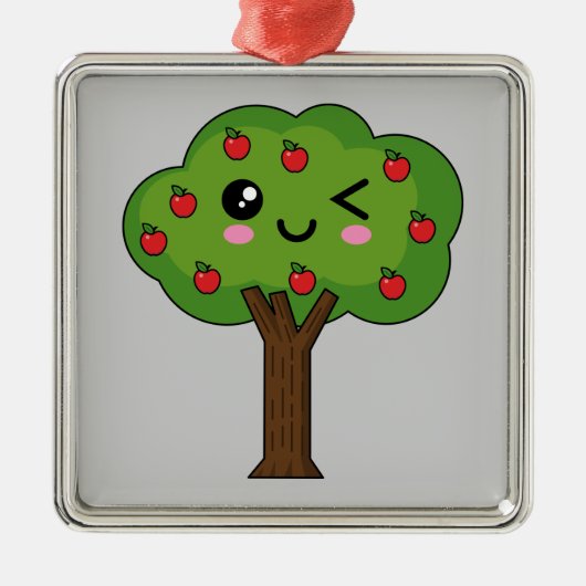Kawaii Happy Winking Apple Tree Ornament Aus Metall (Vorne)
