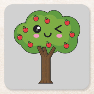 Kawaii Happy Winking Apple Tree Rechteckiger Pappuntersetzer