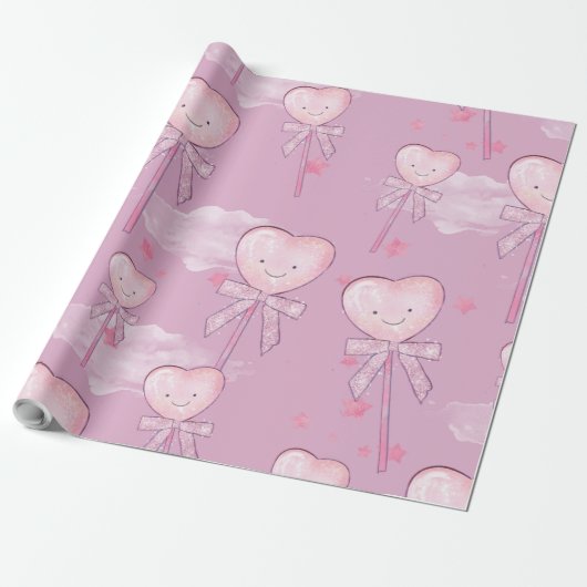 Kawaii Heart Lollipop Pattern - Pastel Lila Geschenkpapier (Ungerollt)