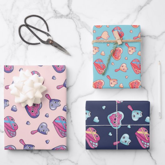 Kawaii Herz und Liebe Doodle Niedlicher Valentinst Geschenkpapier Set (Vorderseite)