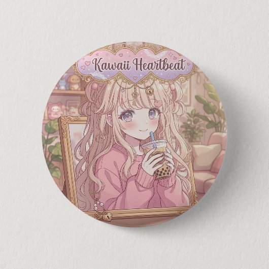 Kawaii Herzschlag Anime Mädchen Boba Tee Ästhetik Button (Vorderseite)
