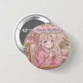 Kawaii Herzschlag Anime Mädchen Boba Tee Ästhetik Button (Vorne & Hinten)