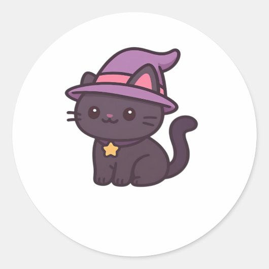 Kawaii Hexenkatze in Lila Hat Classic T - Shirt Runder Aufkleber (Vorderseite)
