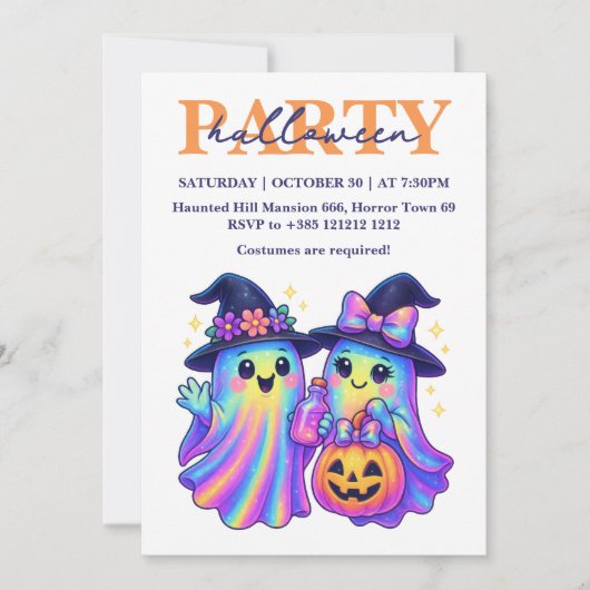 Kawaii Holographic Retro Ghosts Halloween-Party Einladung (Vorderseite)