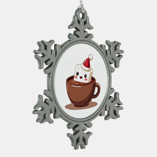 Kawaii Hot Cocoa Mug Smiling Marshmallow Art Schneeflocken Zinn-Ornament (Links)