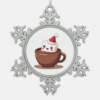 Kawaii Hot Cocoa Mug Smiling Marshmallow Art Schneeflocken Zinn-Ornament
