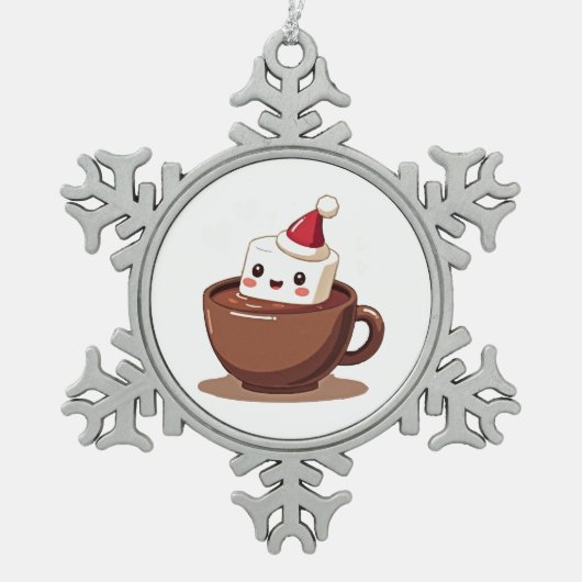 Kawaii Hot Cocoa Mug Smiling Marshmallow Art Schneeflocken Zinn-Ornament (Vorderseite)