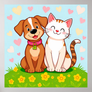 Kawaii-Hund und -Katze Cartoon Haustiere Wanddekor Poster