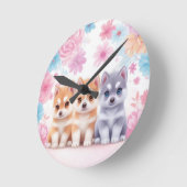 Kawaii Husky Welpen: Pastel Pals Throw Kissen Runde Wanduhr (Winkel)