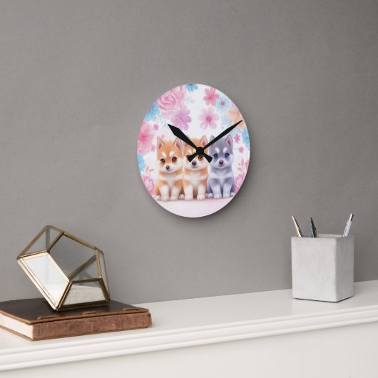 Kawaii Husky Welpen: Pastel Pals Throw Kissen Runde Wanduhr (Büro)