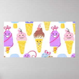 Kawaii Ice Creams Muster, Kawaii Character Ice Cr Poster