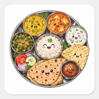 Kawaii indischer Thali-Aufkleber, süßer indischer Quadratischer Aufkleber