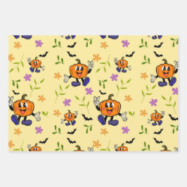 Kawaii Jack-o’-Lantern with Flowers and Bats Geschenkpapier Set