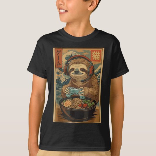Kawaii Japanese Ramen Sloth Retro Gaming Shirts Fo (Vorderseite)