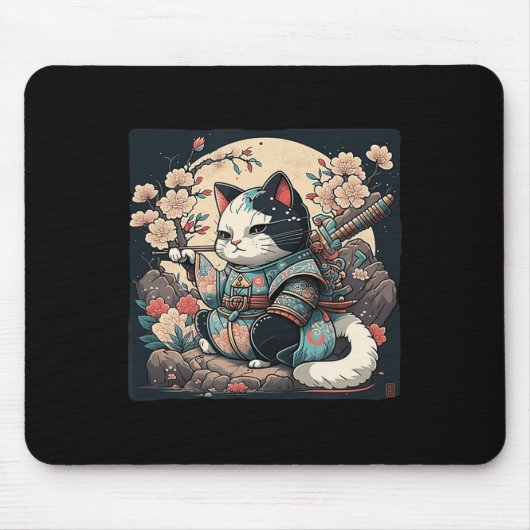 Kawaii Japanisch Style Samurai Cat Kitten Anime Mousepad (Vorne)