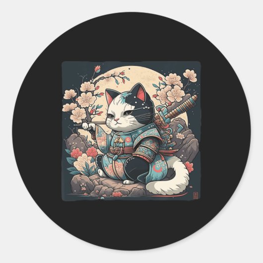 Kawaii Japanisch Style Samurai Cat Kitten Anime Runder Aufkleber (Vorderseite)