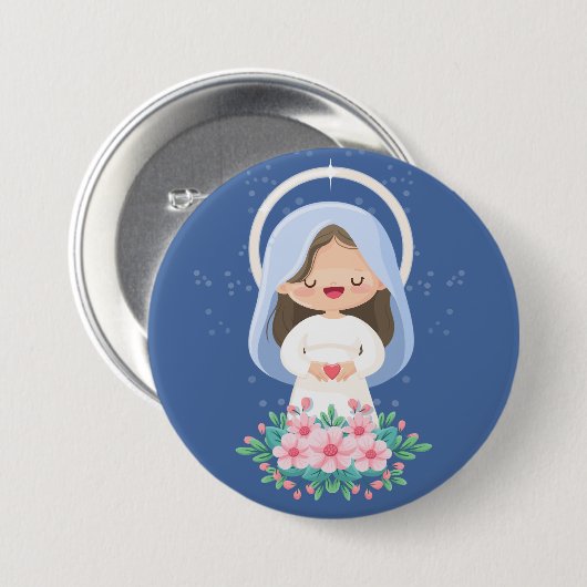 Kawaii Jungfrau Mary with Heart - Dark Blue Button (Vorne & Hinten)