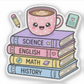 Kawaii-Kaffeetasse und Studienbücher Aufkleber (Vorderseite)