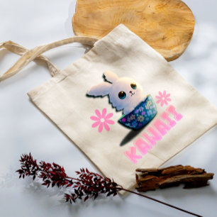 Kawaii Kaninchen in einer Schüssel mit Blume dekor Tragetasche