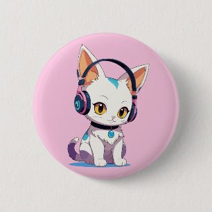 Kawaii Kätzchen mit Schaukel-Kopfhörern Button