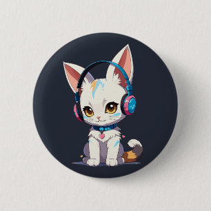 Kawaii Kätzchen mit stylischen Kopfhörern Button