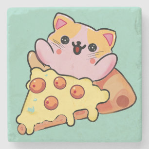 Kawaii-Katze, die Pepperoni-Pizza-Cartoon umarmt Steinuntersetzer