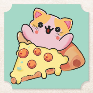 Kawaii-Katze, die Pepperoni-Pizza-Cartoon umarmt Untersetzer