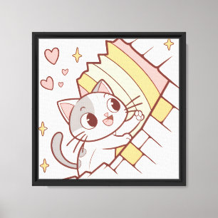 Kawaii-Katze durchbricht Wand Süße Cartoon-Cat Leinwanddruck