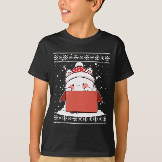 Kawaii Katze in einer Schachtel Weihnachten Niedli T-Shirt (Vorderseite)