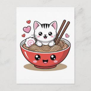 Kawaii-Katze in Ramen-Schale mit Essstäbchen und H Feiertagspostkarte
