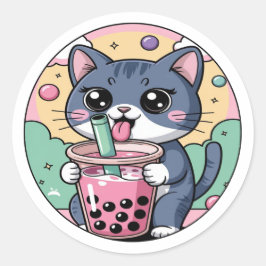 Kawaii Katze mit Bubble Tee - Niedlicher Boba Love Runder Aufkleber