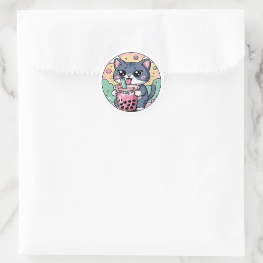 Kawaii Katze mit Bubble Tee - Niedlicher Boba Love Runder Aufkleber (Tasche)