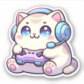 Kawaii Katze mit Game Controller Pastell Aufkleber (Vorderseite)