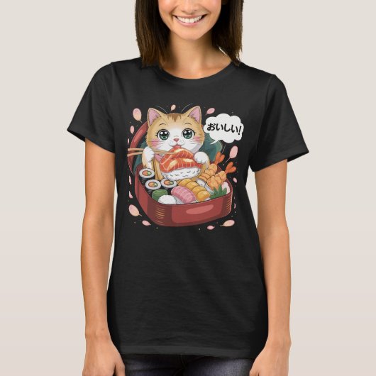 Kawaii Katze mit Sushi T-Shirt (Vorderseite)