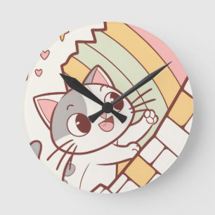 Kawaii-Katze-Uhr zum Aufklappen süß  Runde Wanduhr