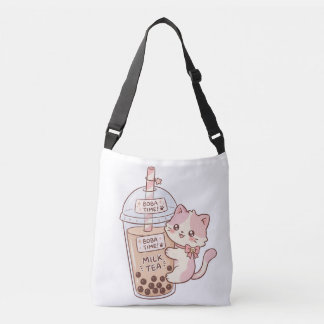 Kawaii Katze umarmt Bubble Milk Tea | Süße Boba-Te Tragetaschen Mit Langen Trägern