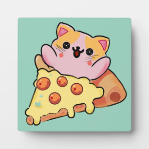 Kawaii Katze umarmt Pepperoni-Pizza-Cartoon Fotoplatte