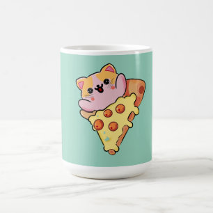 Kawaii Katze umarmt Pepperoni-Pizza-Cartoon Kaffeetasse