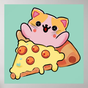 Kawaii Katze umarmt Pepperoni-Pizza-Cartoon Poster